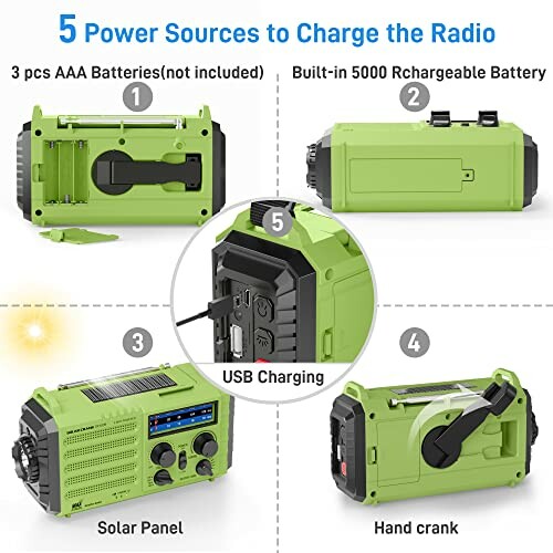 Five power sources for charging a green emergency radio: AAA batteries, built-in rechargeable battery, solar panel, USB charging, and hand crank.