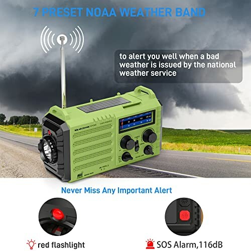 Emergency weather radio with NOAA alerts and SOS alarm.