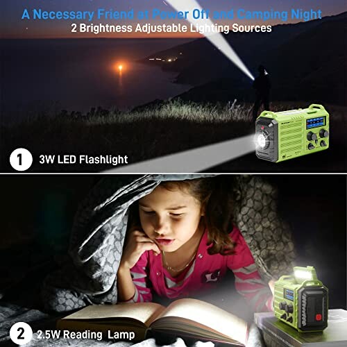 Portable generator with LED flashlight and reading lamp.